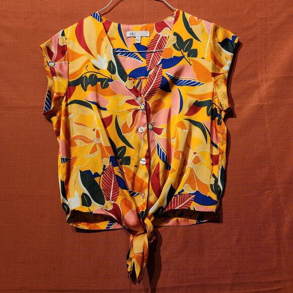 DR2 Sz Small Bright Yellow Floral Tie Front Short Sleeve Top Tropical Bohemian - Picture 9 of 9